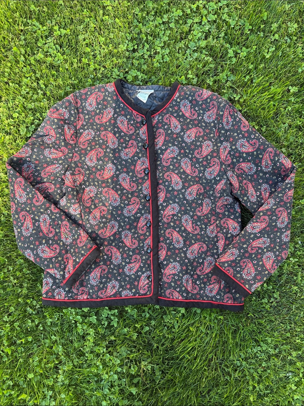 Vintage & Made in the US Quilted Paisley Bomber Jacket - Black & Red